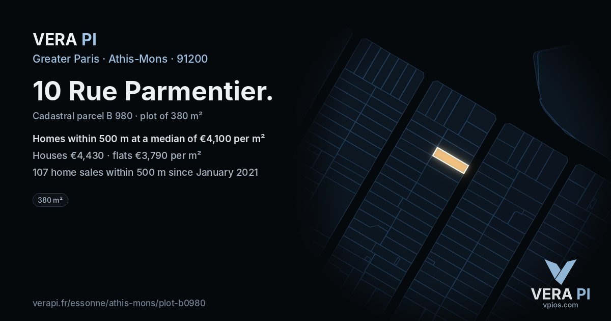 10 Rue Parmentier, Athis-Mons at night – the plot lit, the parcels around coloured by the prices near them