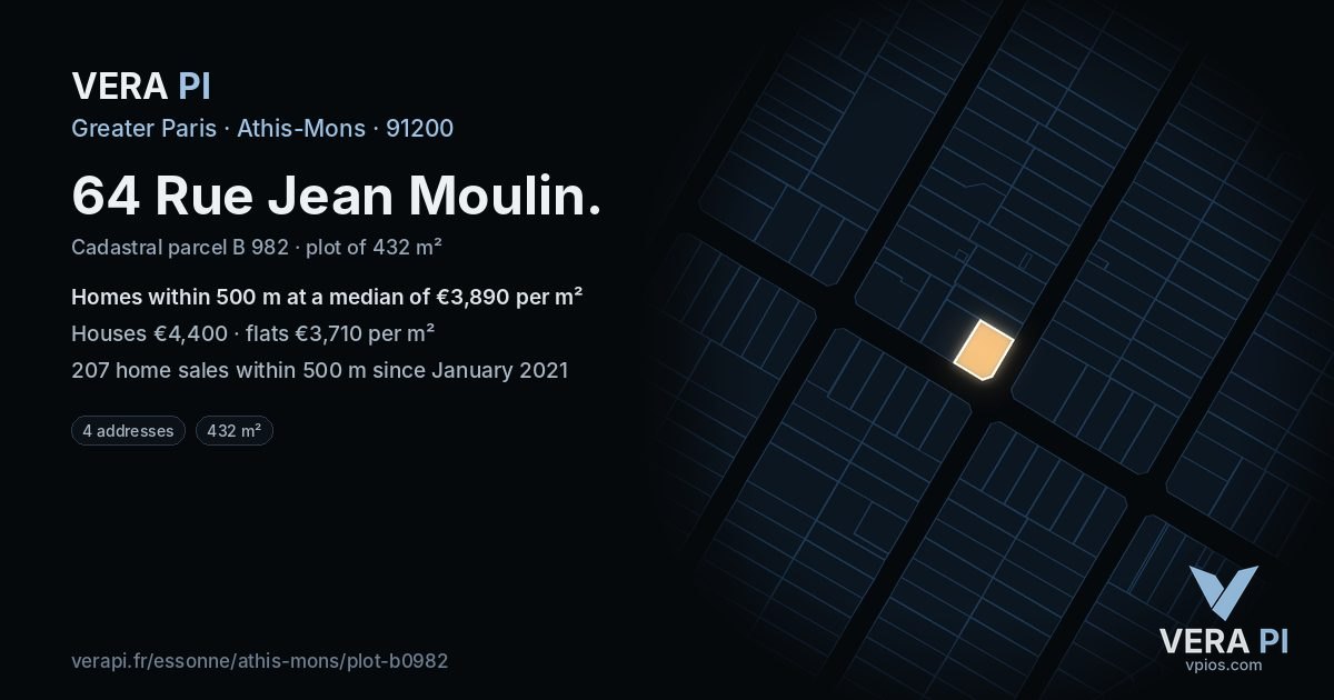 64 Rue Jean Moulin, Athis-Mons at night – the plot lit, the parcels around coloured by the prices near them