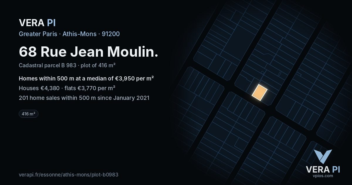 68 Rue Jean Moulin, Athis-Mons at night – the plot lit, the parcels around coloured by the prices near them