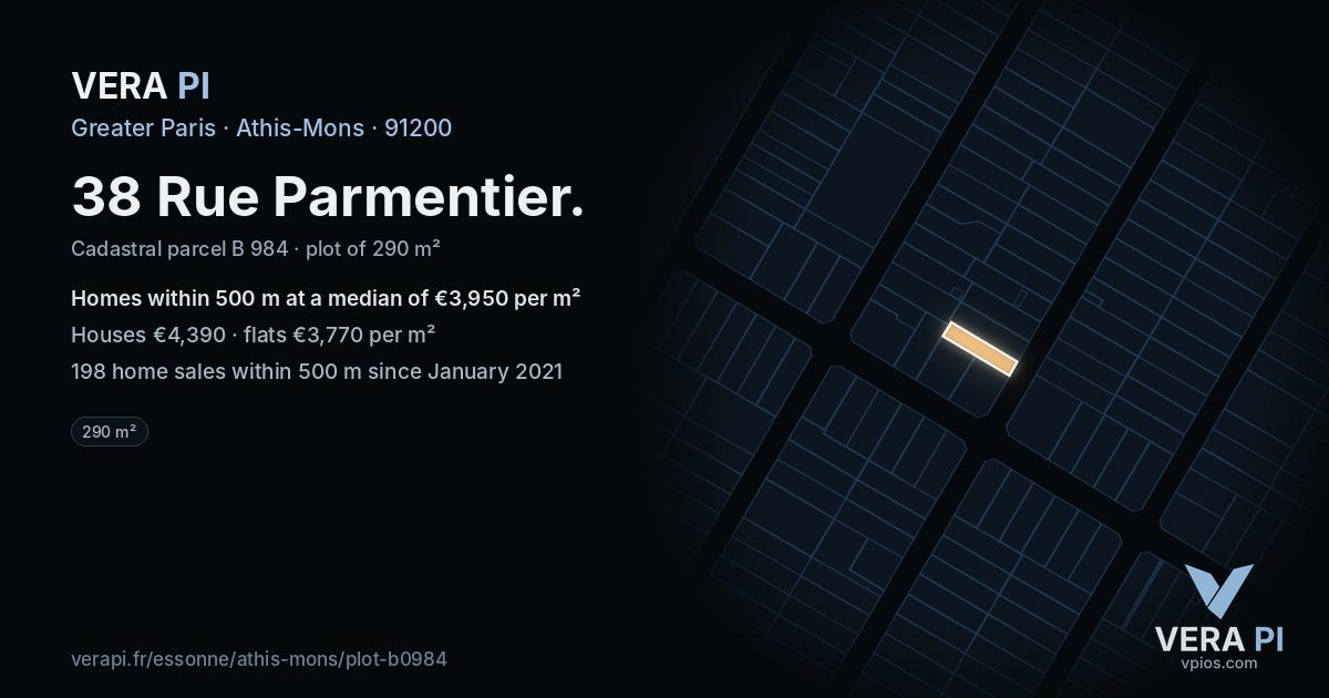 38 Rue Parmentier, Athis-Mons at night – the plot lit, the parcels around coloured by the prices near them