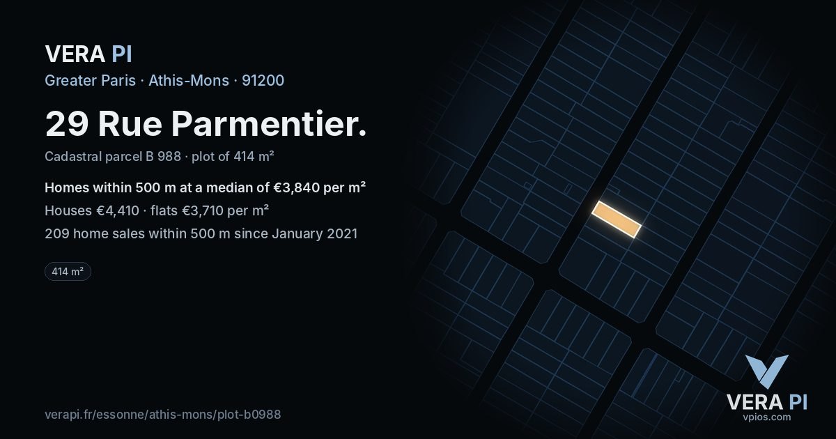 29 Rue Parmentier, Athis-Mons at night – the plot lit, the parcels around coloured by the prices near them