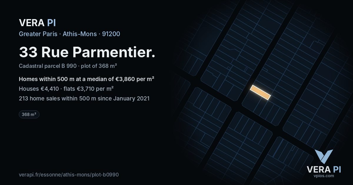33 Rue Parmentier, Athis-Mons at night – the plot lit, the parcels around coloured by the prices near them