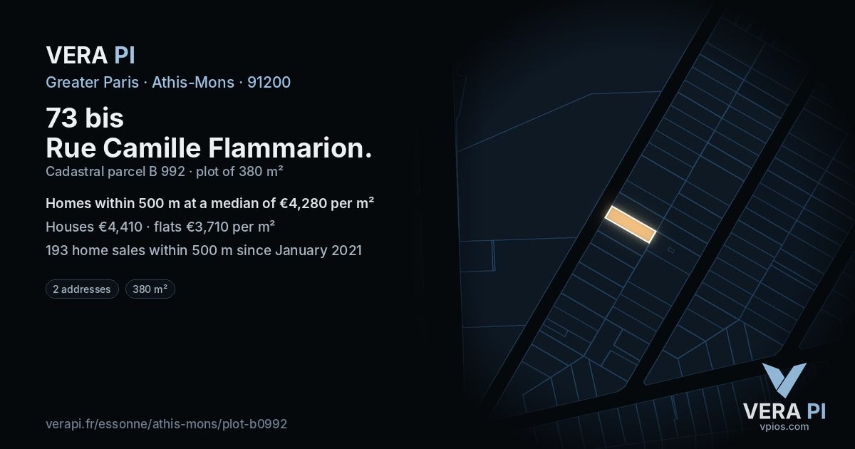 73 bis Rue Camille Flammarion, Athis-Mons at night – the plot lit, the parcels around coloured by the prices near them