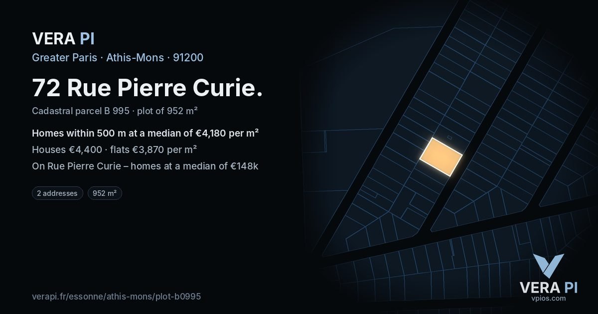 72 Rue Pierre Curie, Athis-Mons at night – the plot lit, the parcels around coloured by the prices near them