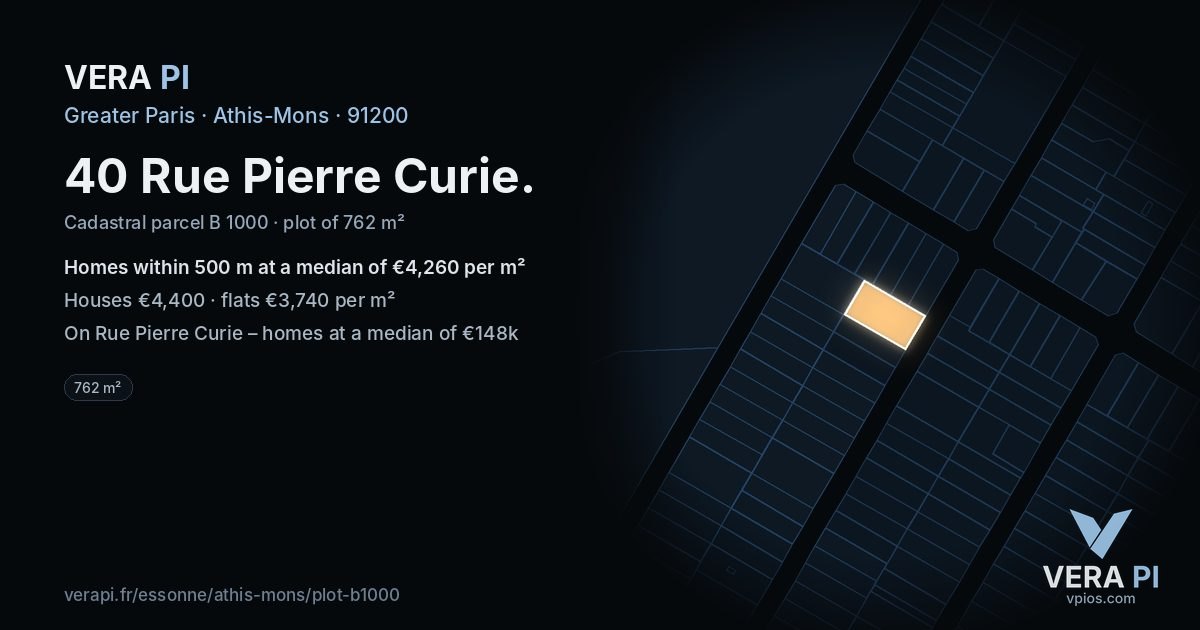 40 Rue Pierre Curie, Athis-Mons at night – the plot lit, the parcels around coloured by the prices near them