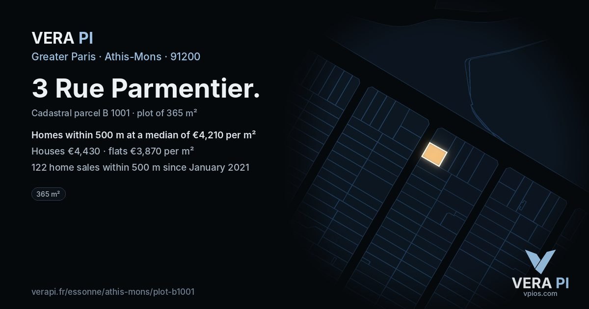 3 Rue Parmentier, Athis-Mons at night – the plot lit, the parcels around coloured by the prices near them