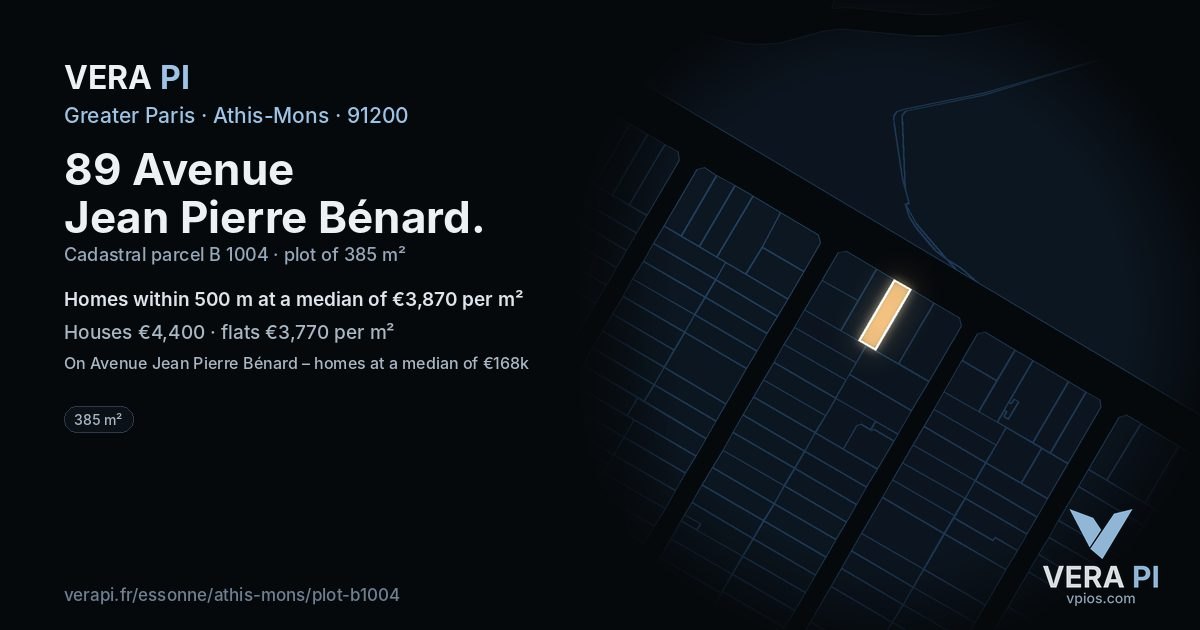 89 Avenue Jean Pierre Bénard, Athis-Mons at night – the plot lit, the parcels around coloured by the prices near them
