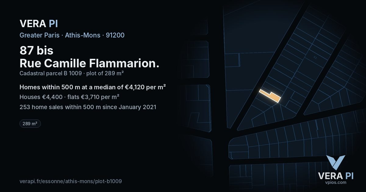 87 bis Rue Camille Flammarion, Athis-Mons at night – the plot lit, the parcels around coloured by the prices near them