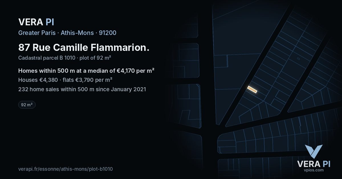 87 Rue Camille Flammarion, Athis-Mons at night – the plot lit, the parcels around coloured by the prices near them