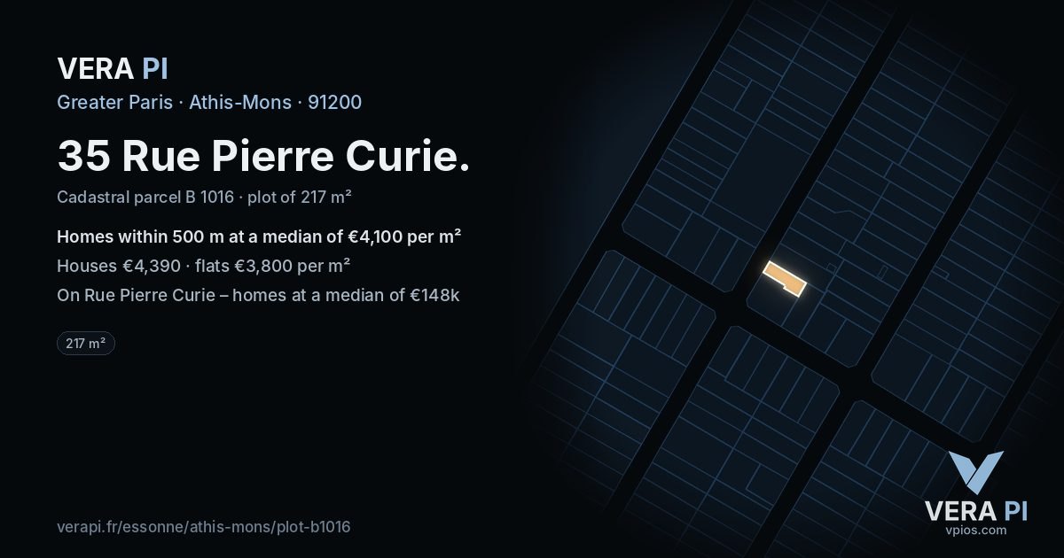 35 Rue Pierre Curie, Athis-Mons at night – the plot lit, the parcels around coloured by the prices near them