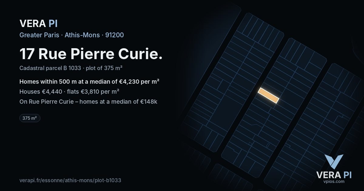 17 Rue Pierre Curie, Athis-Mons at night – the plot lit, the parcels around coloured by the prices near them