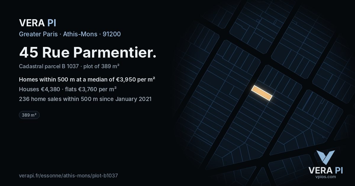 45 Rue Parmentier, Athis-Mons at night – the plot lit, the parcels around coloured by the prices near them