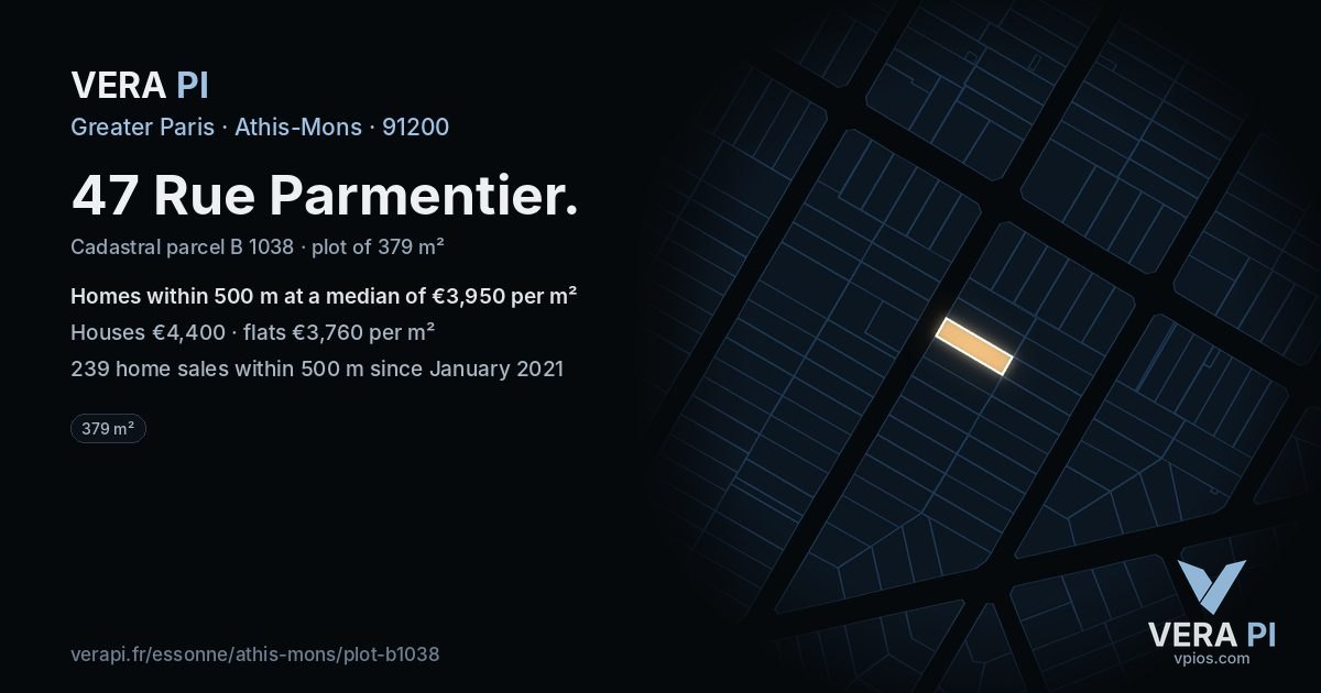 47 Rue Parmentier, Athis-Mons at night – the plot lit, the parcels around coloured by the prices near them