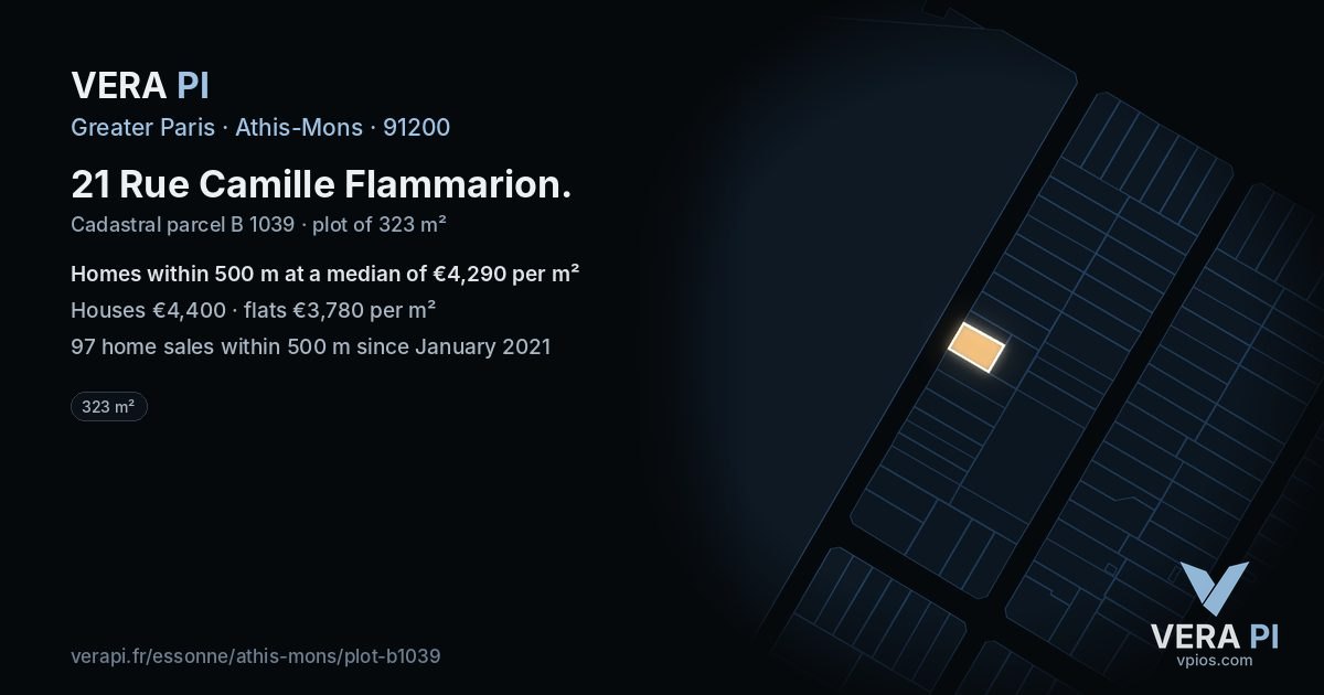 21 Rue Camille Flammarion, Athis-Mons at night – the plot lit, the parcels around coloured by the prices near them