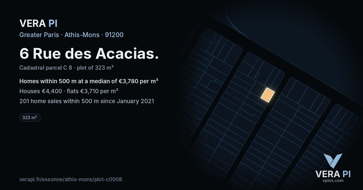 6 Rue des Acacias, Athis-Mons at night – the plot lit, the parcels around coloured by the prices near them