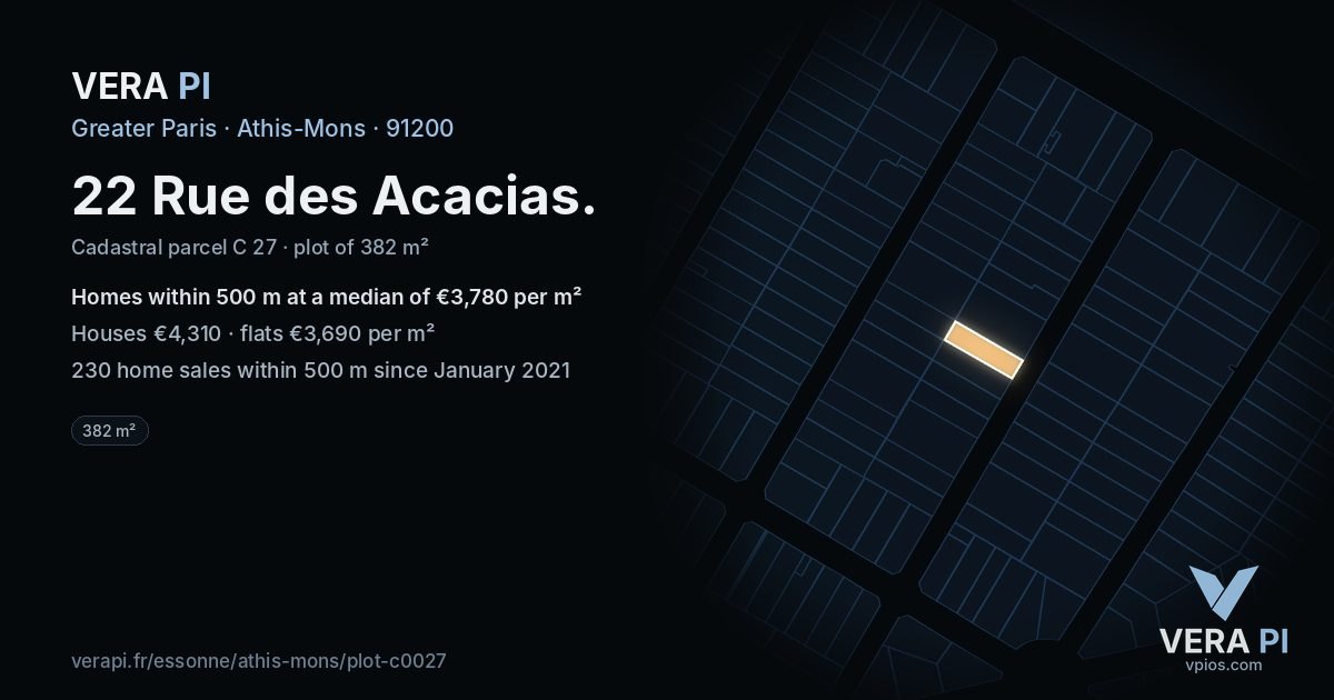 22 Rue des Acacias, Athis-Mons at night – the plot lit, the parcels around coloured by the prices near them