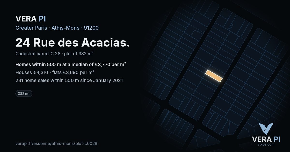 24 Rue des Acacias, Athis-Mons at night – the plot lit, the parcels around coloured by the prices near them