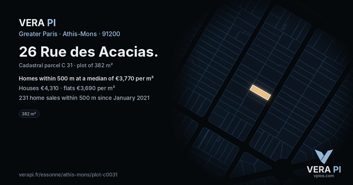 26 Rue des Acacias, Athis-Mons at night – the plot lit, the parcels around coloured by the prices near them
