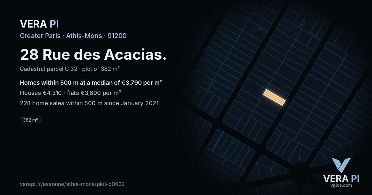 28 Rue des Acacias, Athis-Mons at night – the plot lit, the parcels around coloured by the prices near them