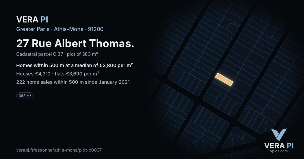 27 Rue Albert Thomas, Athis-Mons at night – the plot lit, the parcels around coloured by the prices near them