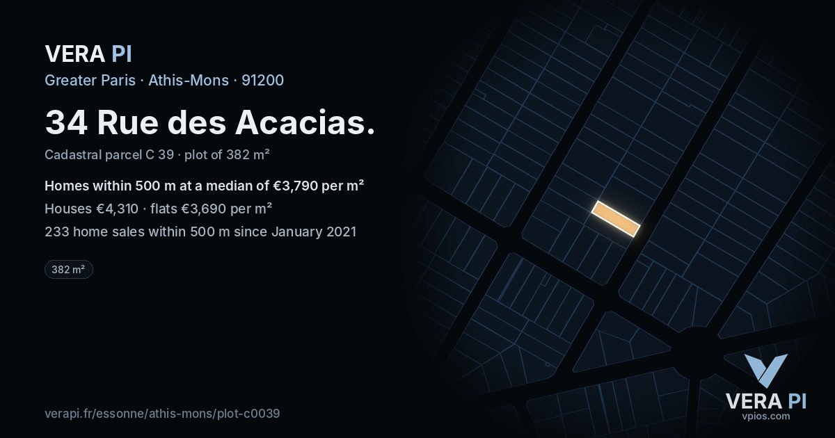 34 Rue des Acacias, Athis-Mons at night – the plot lit, the parcels around coloured by the prices near them