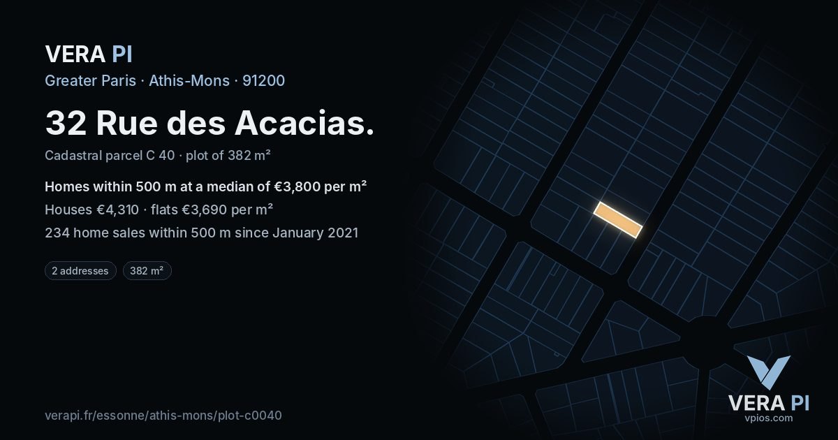 32 Rue des Acacias, Athis-Mons at night – the plot lit, the parcels around coloured by the prices near them