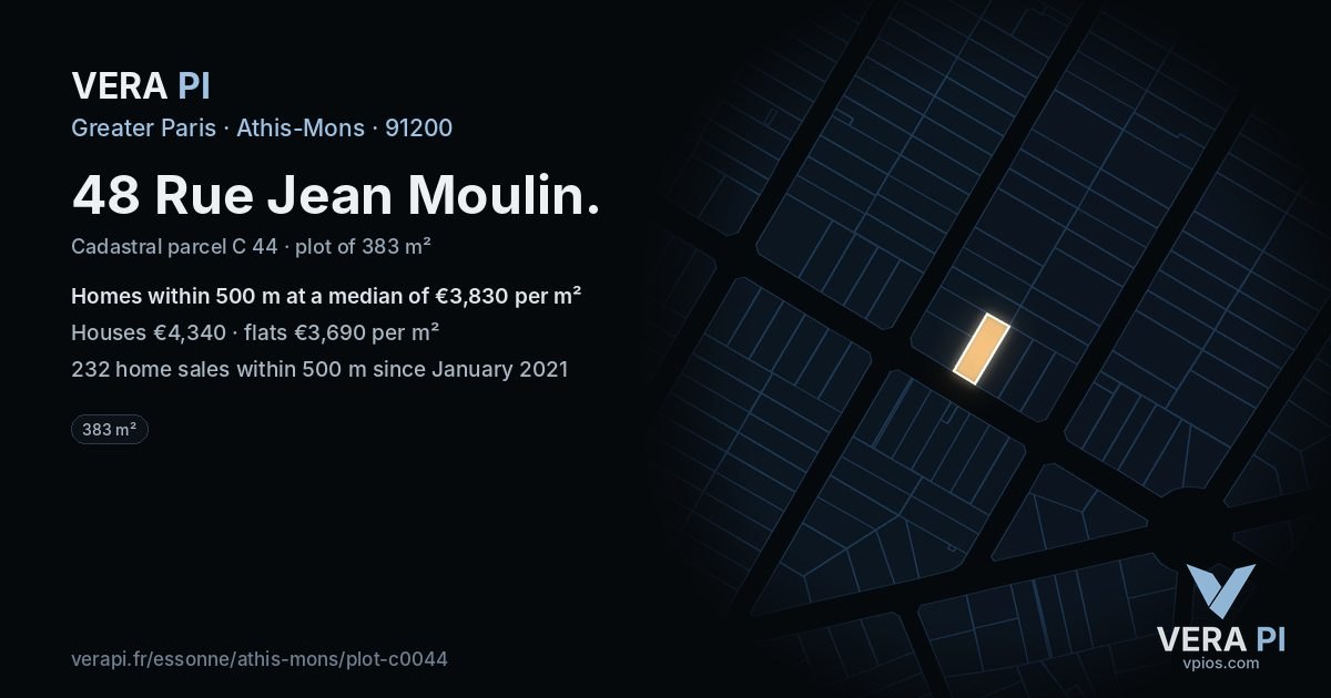 48 Rue Jean Moulin, Athis-Mons at night – the plot lit, the parcels around coloured by the prices near them