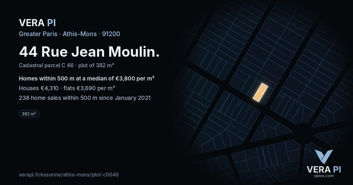 44 Rue Jean Moulin, Athis-Mons at night – the plot lit, the parcels around coloured by the prices near them
