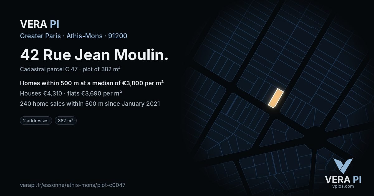 42 Rue Jean Moulin, Athis-Mons at night – the plot lit, the parcels around coloured by the prices near them