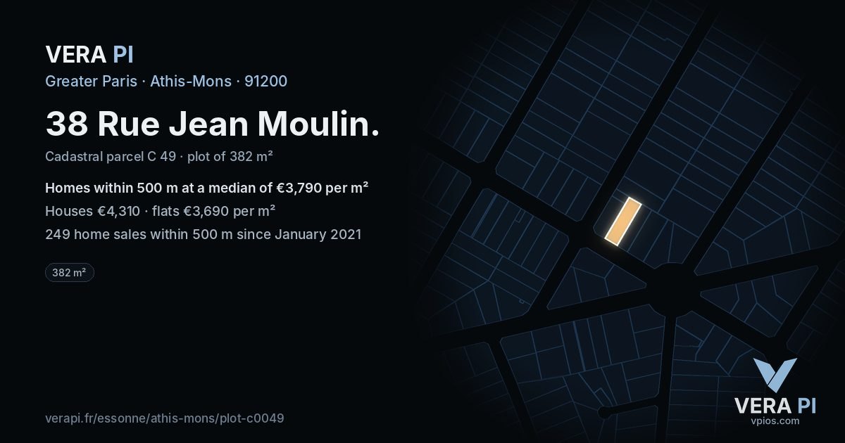 38 Rue Jean Moulin, Athis-Mons at night – the plot lit, the parcels around coloured by the prices near them