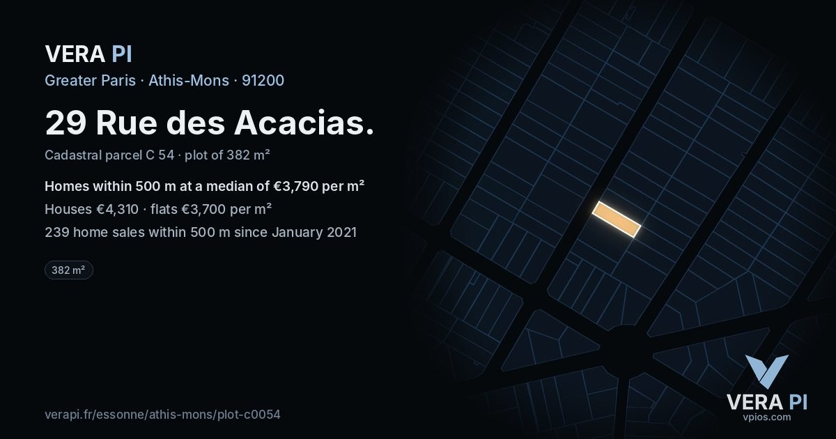 29 Rue des Acacias, Athis-Mons at night – the plot lit, the parcels around coloured by the prices near them