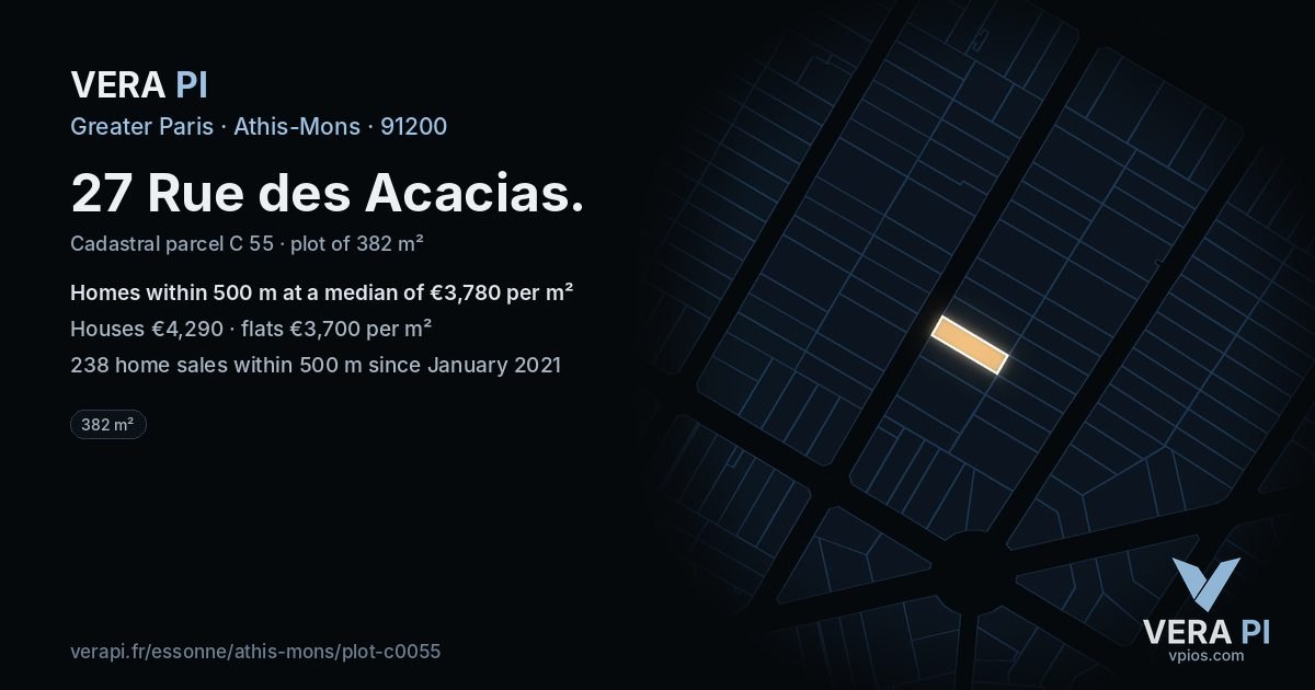 27 Rue des Acacias, Athis-Mons at night – the plot lit, the parcels around coloured by the prices near them