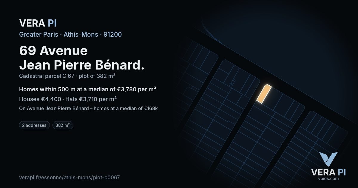 69 Avenue Jean Pierre Bénard, Athis-Mons at night – the plot lit, the parcels around coloured by the prices near them