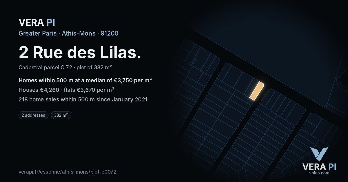 2 Rue des Lilas, Athis-Mons at night – the plot lit, the parcels around coloured by the prices near them