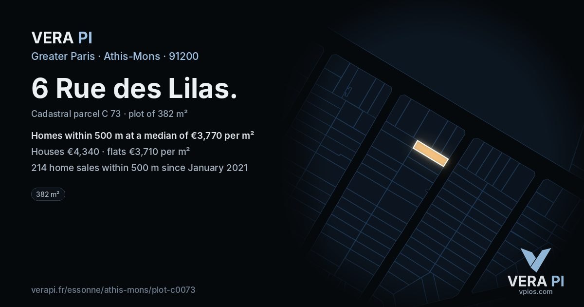 6 Rue des Lilas, Athis-Mons at night – the plot lit, the parcels around coloured by the prices near them