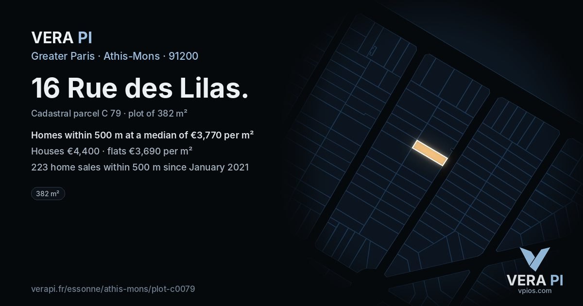 16 Rue des Lilas, Athis-Mons at night – the plot lit, the parcels around coloured by the prices near them