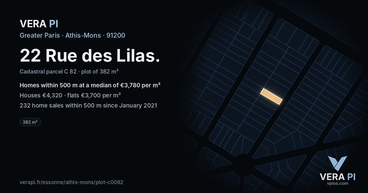 22 Rue des Lilas, Athis-Mons at night – the plot lit, the parcels around coloured by the prices near them