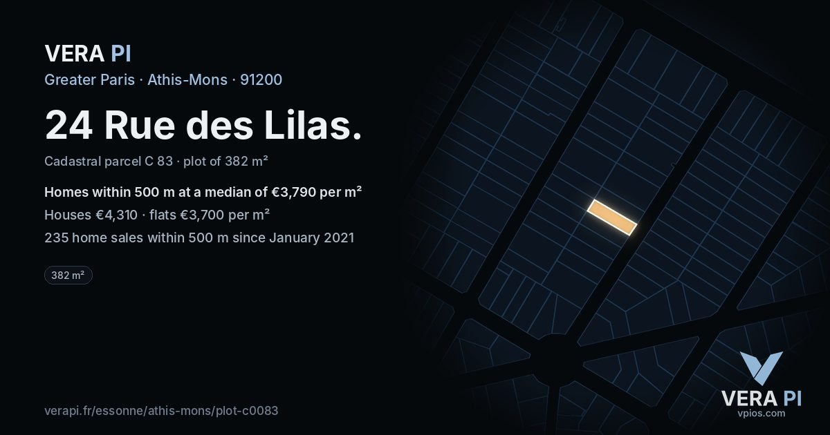 24 Rue des Lilas, Athis-Mons at night – the plot lit, the parcels around coloured by the prices near them