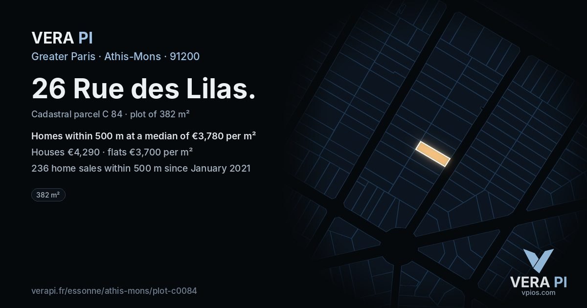 26 Rue des Lilas, Athis-Mons at night – the plot lit, the parcels around coloured by the prices near them