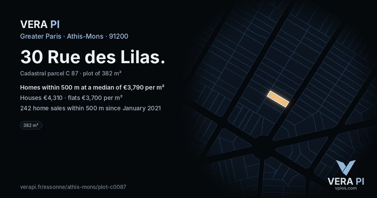 30 Rue des Lilas, Athis-Mons at night – the plot lit, the parcels around coloured by the prices near them