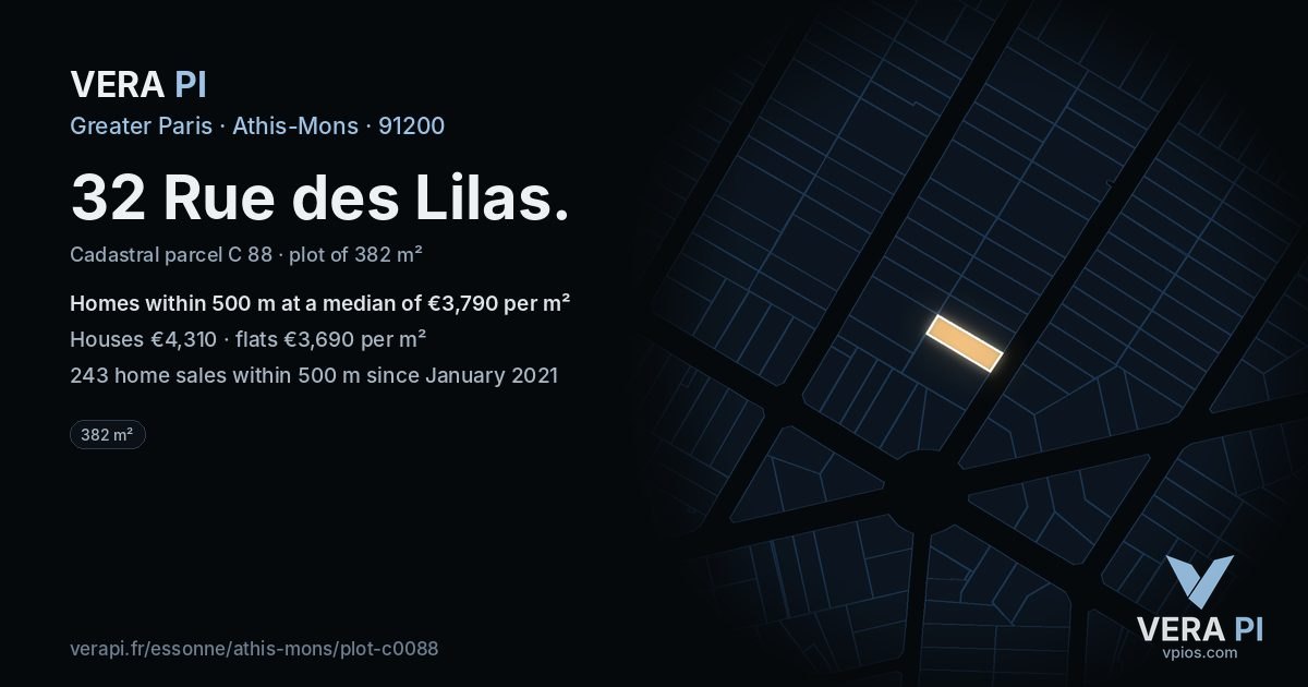 32 Rue des Lilas, Athis-Mons at night – the plot lit, the parcels around coloured by the prices near them