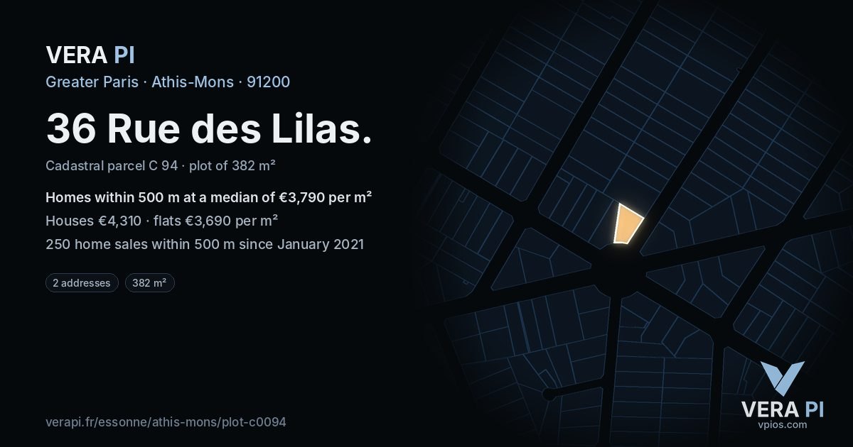 36 Rue des Lilas, Athis-Mons at night – the plot lit, the parcels around coloured by the prices near them