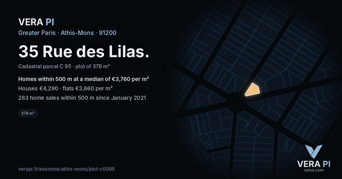 35 Rue des Lilas, Athis-Mons at night – the plot lit, the parcels around coloured by the prices near them