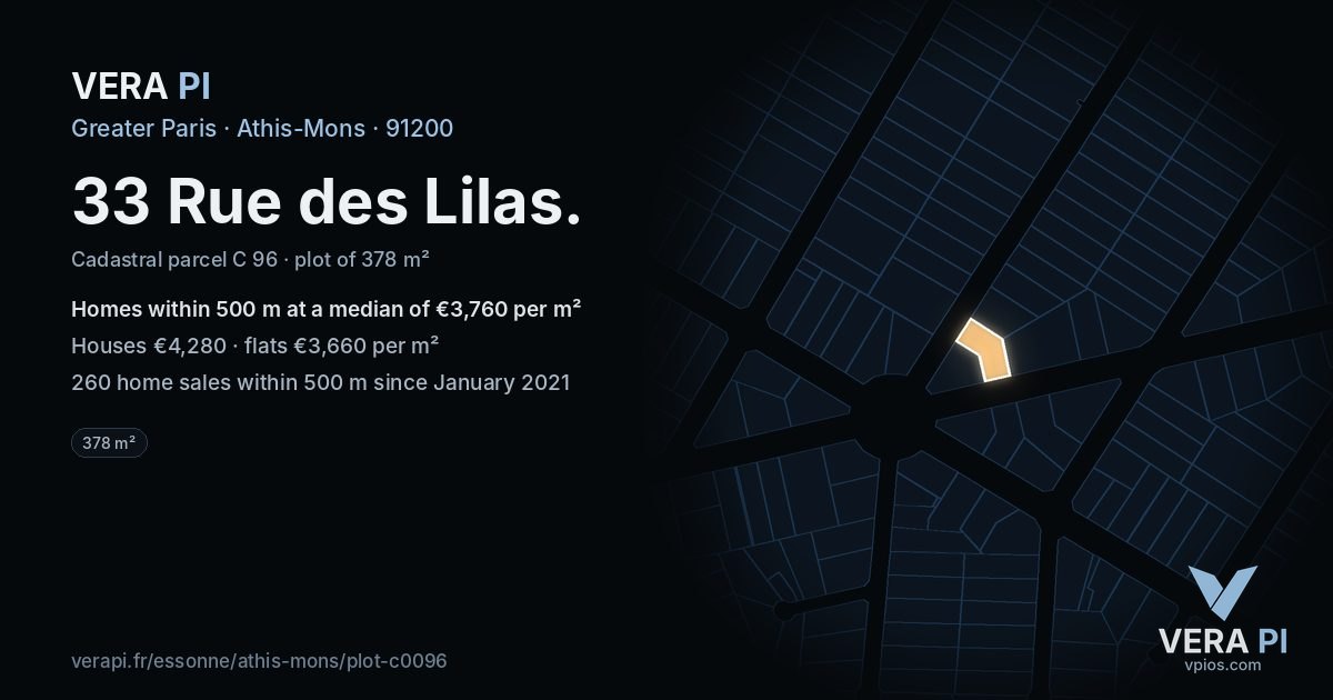 33 Rue des Lilas, Athis-Mons at night – the plot lit, the parcels around coloured by the prices near them