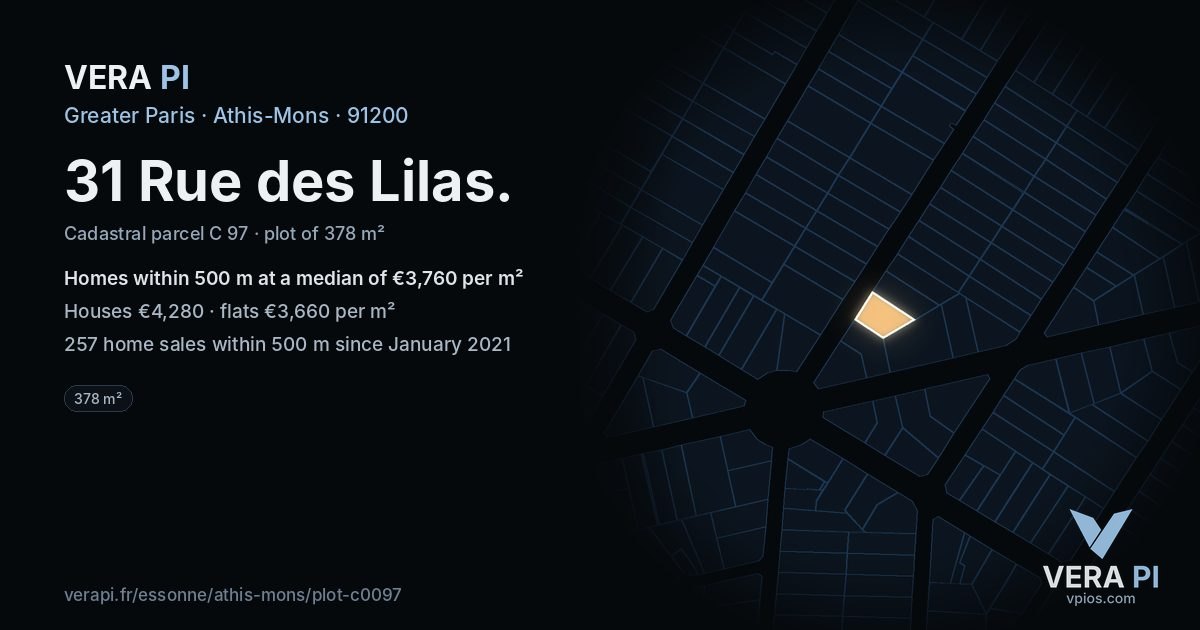 31 Rue des Lilas, Athis-Mons at night – the plot lit, the parcels around coloured by the prices near them