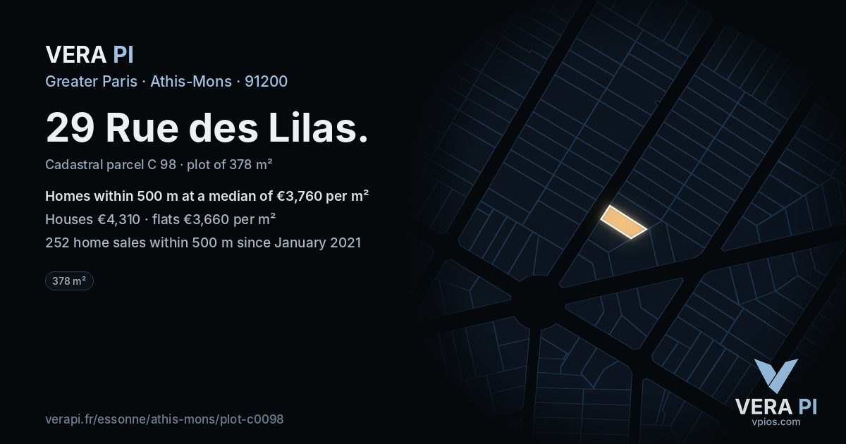 29 Rue des Lilas, Athis-Mons at night – the plot lit, the parcels around coloured by the prices near them