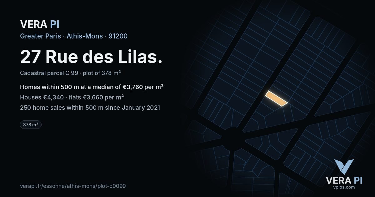 27 Rue des Lilas, Athis-Mons at night – the plot lit, the parcels around coloured by the prices near them