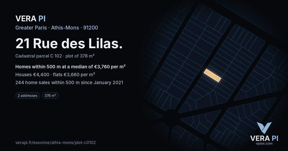 21 Rue des Lilas, Athis-Mons at night – the plot lit, the parcels around coloured by the prices near them
