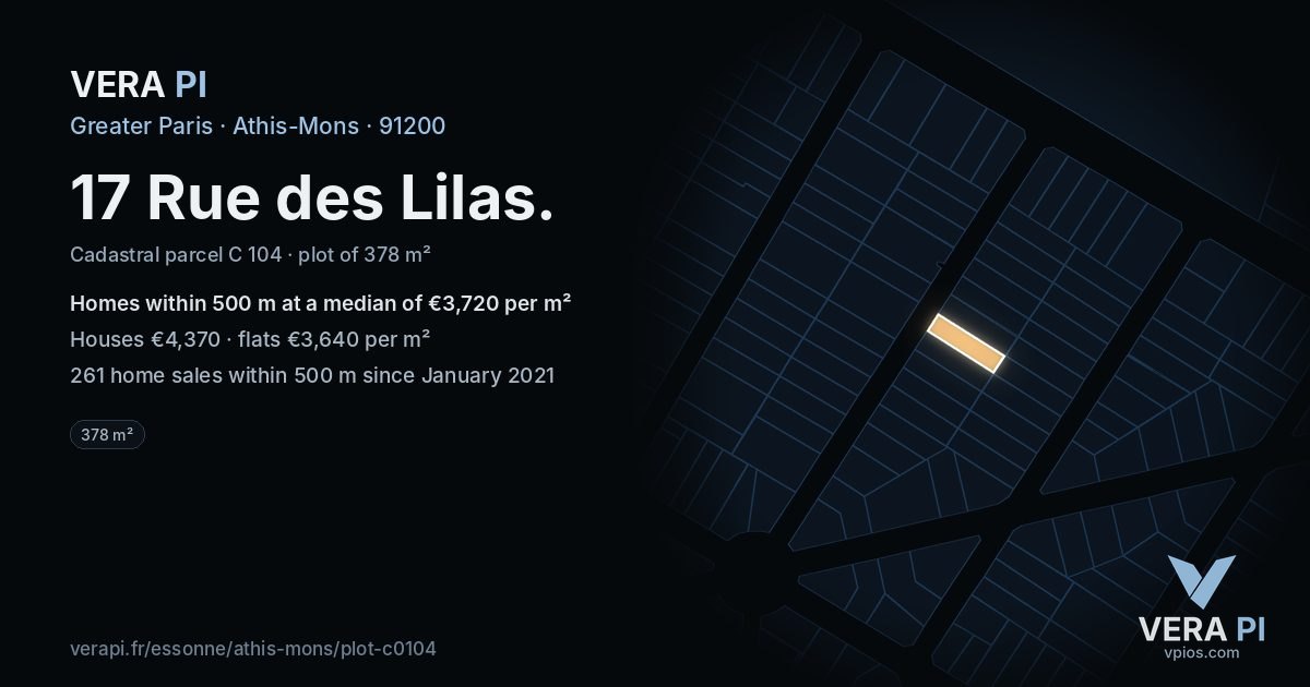 17 Rue des Lilas, Athis-Mons at night – the plot lit, the parcels around coloured by the prices near them