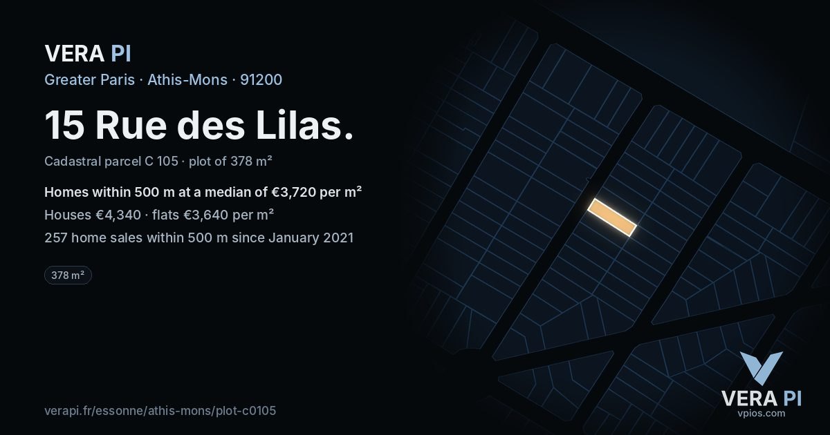 15 Rue des Lilas, Athis-Mons at night – the plot lit, the parcels around coloured by the prices near them